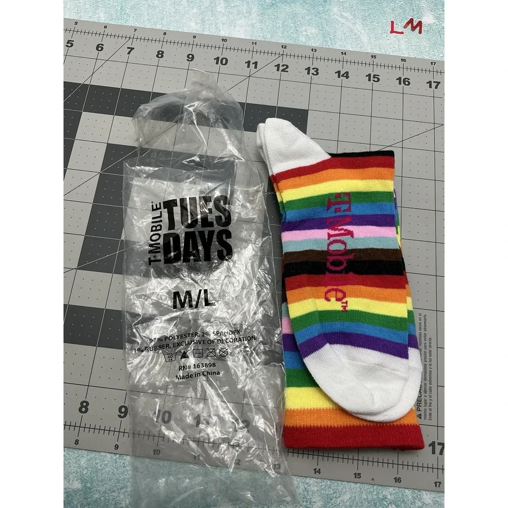 T Mobile Tuesdays Adult Size S/M Rainbow LOVE Colorful Crew Socks 1 Pair NWT‎